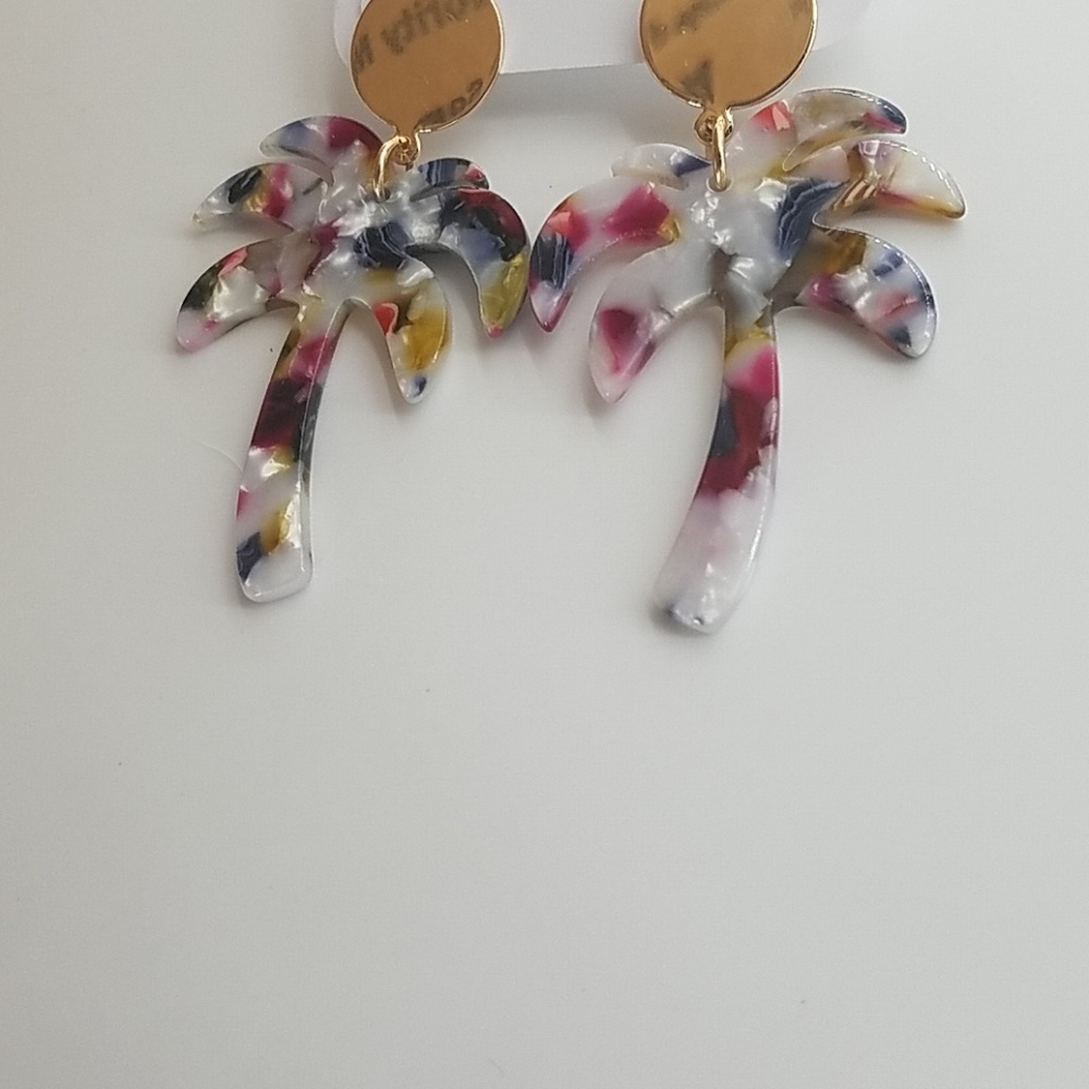 🆕️ Metal Circle Resin Palm Tree Drop Earrings - Picture 4 of 5